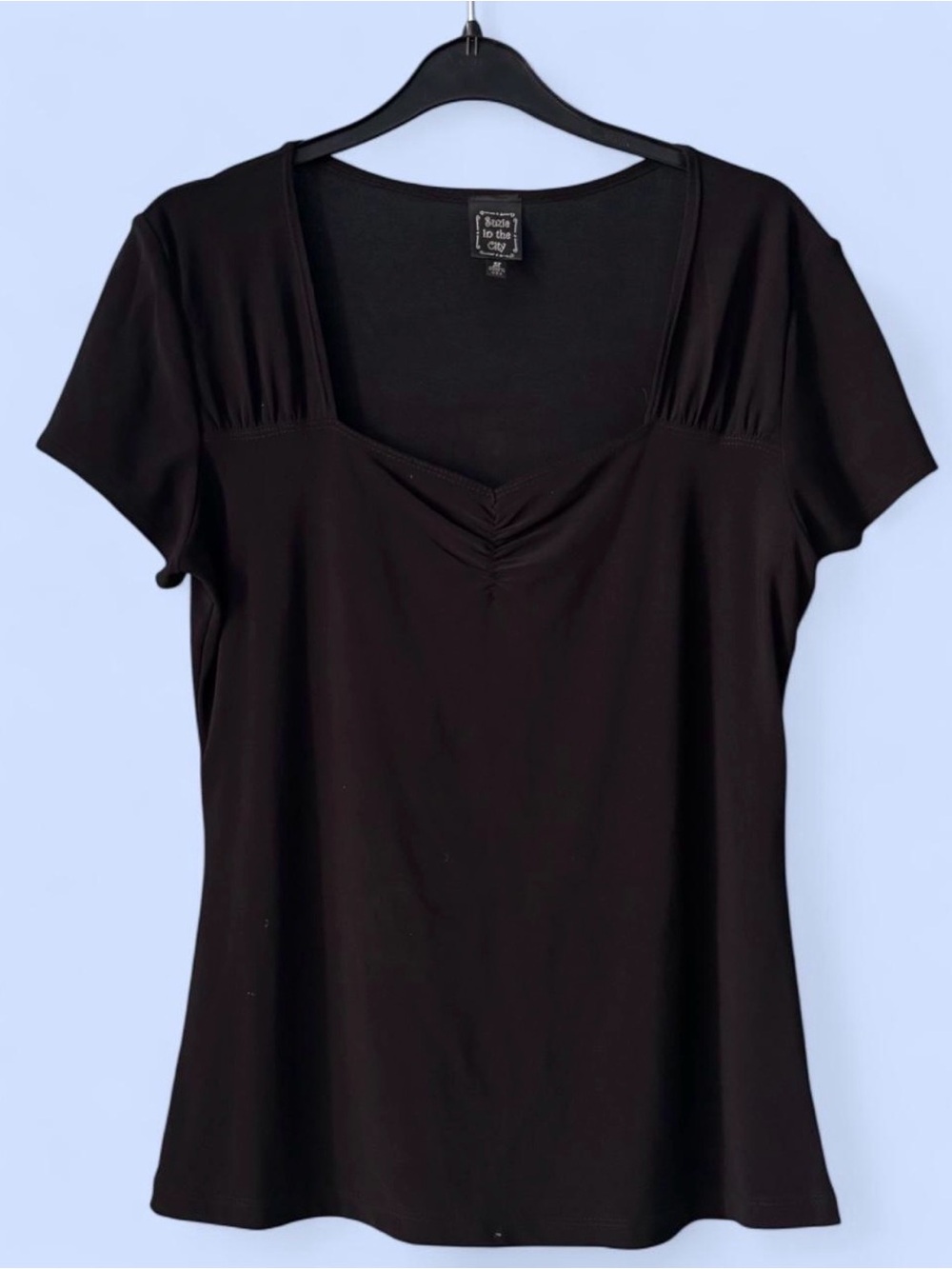 Vintage Suzie in the City Black Ruched V-Neck Top Y2K Short Sleeve